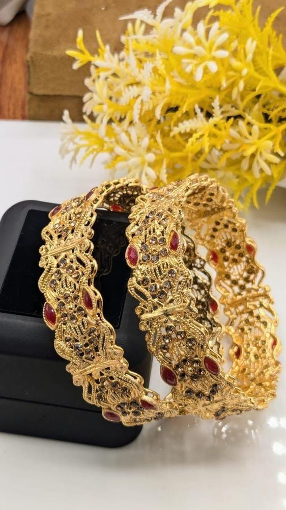 2 Pcs Gold Plated Artificial Stones Kara Bangle