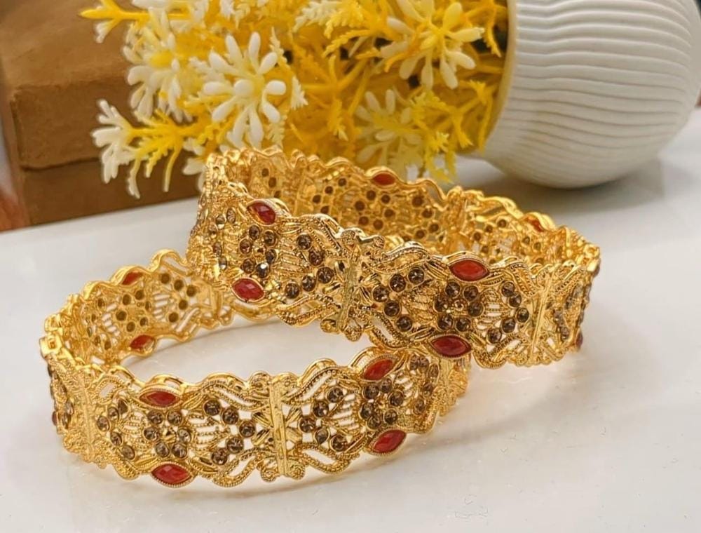 2 Pcs Gold Plated Artificial Stones Kara Bangle