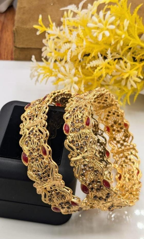 2 Pcs Gold Plated Artificial Stones Kara Bangle